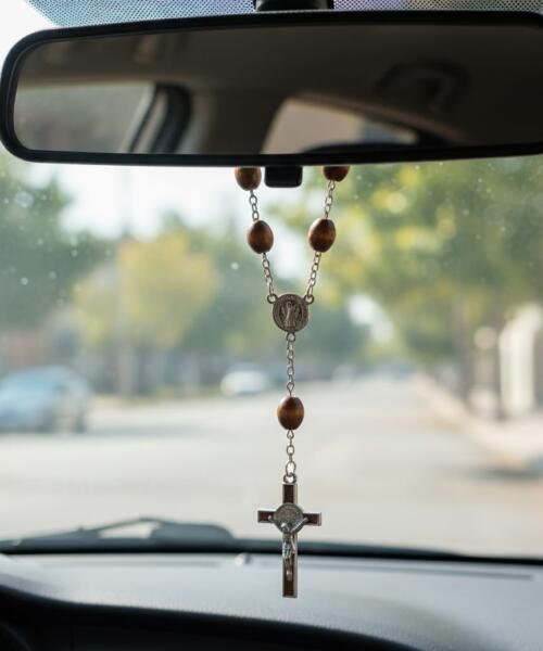 Christian Car Rosary • Rear View Mirror Cross Charm • 10 Beads Wooden Rosary with St. Benedict Medal • Car Accessories & Christian Gifts
