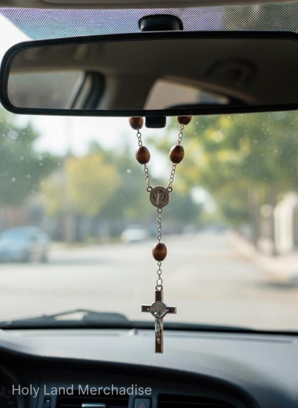 Christian Car Rosary • Rear View Mirror Cross Charm • 10 Beads Wooden Rosary with St. Benedict Medal • Car Accessories & Christian Gifts