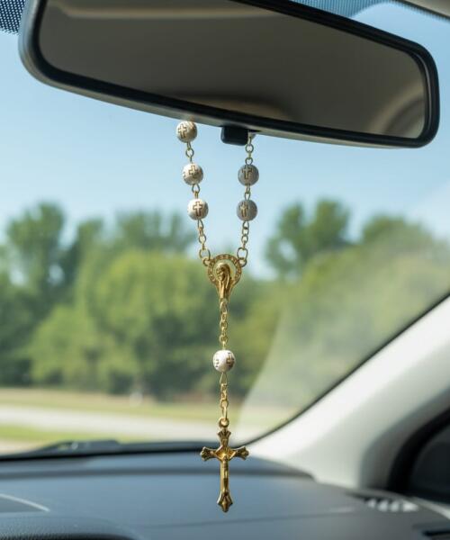 Wooden Beads Car Rosary with 8mm Beads – Christian Cross Charm for Rear View Mirror, Car Accessories & New Car Gift