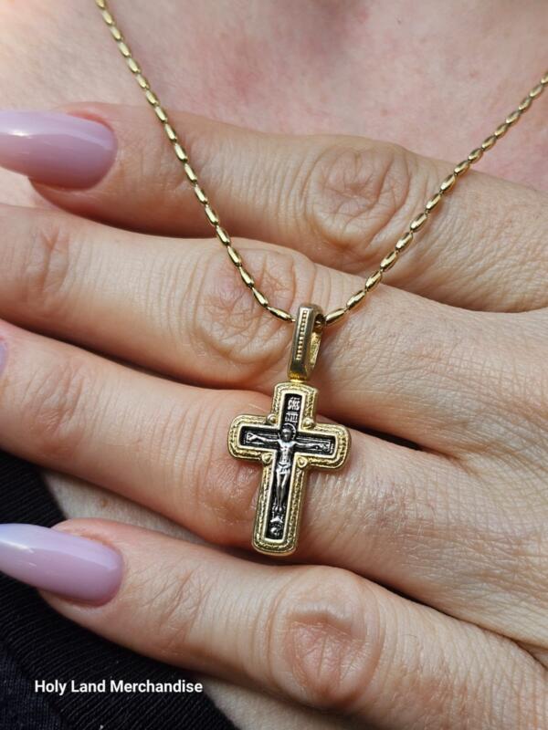Vintage Georgian Cross Necklace • Handmade 925 Sterling Silver and Gold  • Tiny Dainty Christian Jewelry • Christmas & Birthday Present - Image 3