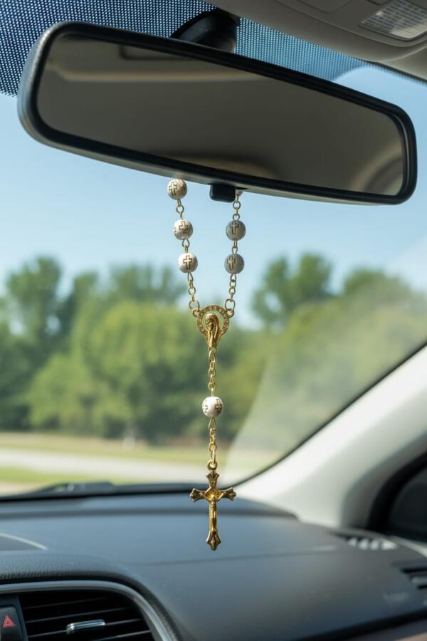 Wooden Beads Car Rosary with 8mm Beads – Christian Cross Charm for Rear View Mirror, Car Accessories & New Car Gift - Image 6
