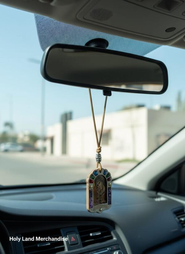 Virgin Mary and Child Wooden Car Pendant – Maria car charm - rear view mirror - car saint icon - safe travels - Image 2