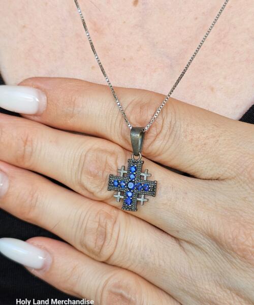 Vintage Jerusalem Cross Necklace • 925 Sterling Silver with Blue Zirconia • 50 cm Sterling Box Chain
