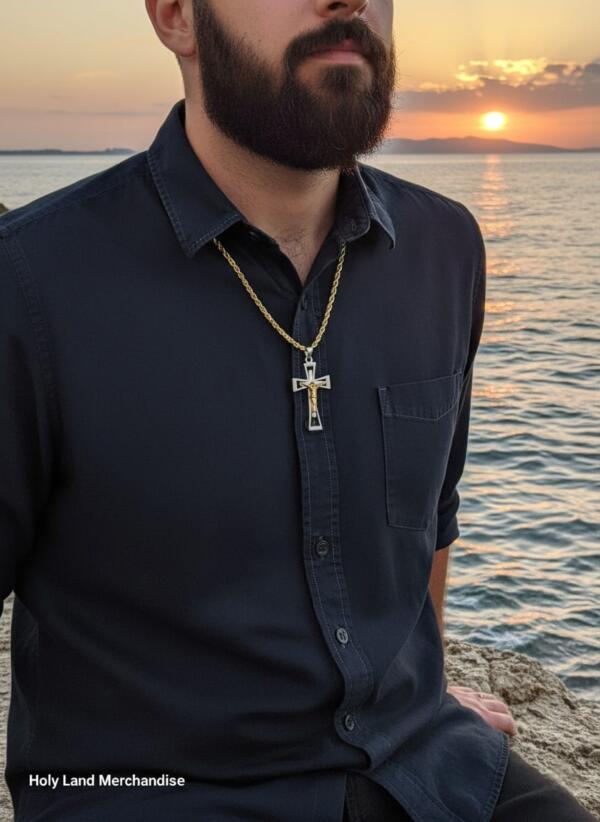 Crucifix Cross Necklace · Gold & Stainless Steel Pendant · Large 54mm Cross with 60cm Rope Chain · Christian Jewelry Gift for Him & Her" - Image 6