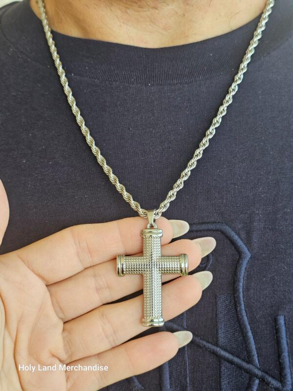 Large Stainless Steel Art Cross Necklace for Men – Rustic Boho Cross Pendant · Man Silver Cross · Christian Jewelry · Adult Baptism Gif - Image 4