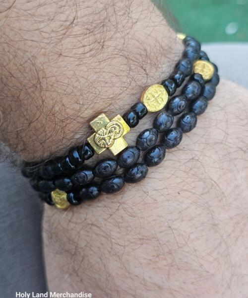 Handmade 53-Bead Wood Bracelet • Wearable as Necklace • Cross with IC XC NIKA Greek Inscription