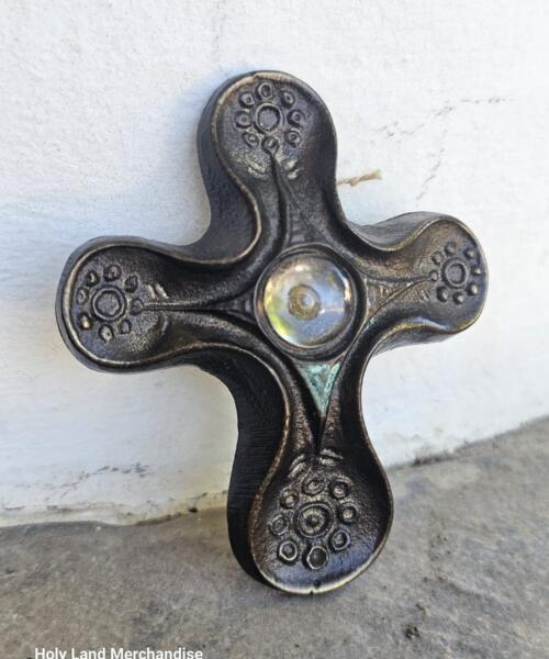 Vintage Solid Bronze Cross with Glass Center – Handmade German Wall Cross – Christian Art, 7 cm