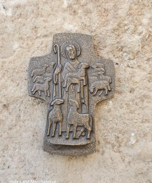Vintage German Bronze Wall Cross – The Good Shepherd, Solid Bronze Religious Art, 9 cm