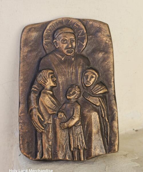 Vintage German Bronze Plaque – St. Vincent de Paul with Children – 12.5 cm Religious Wall Art, Solid Bronze