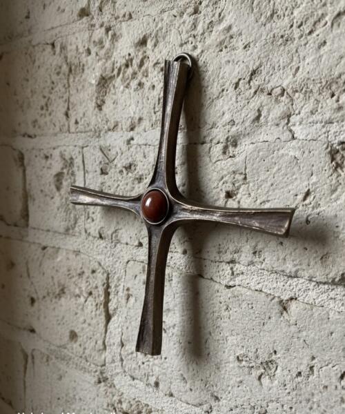 Handmade Vintage Handmade Brass Cross with Red Stone – Antique Christian Wall Cross