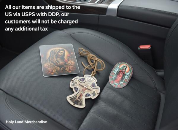 Christian Car Cross Ornament with PVC Icon Stickers • Rear View Mirror Hanging Cross Charm • Religious Car Accessories - Image 3