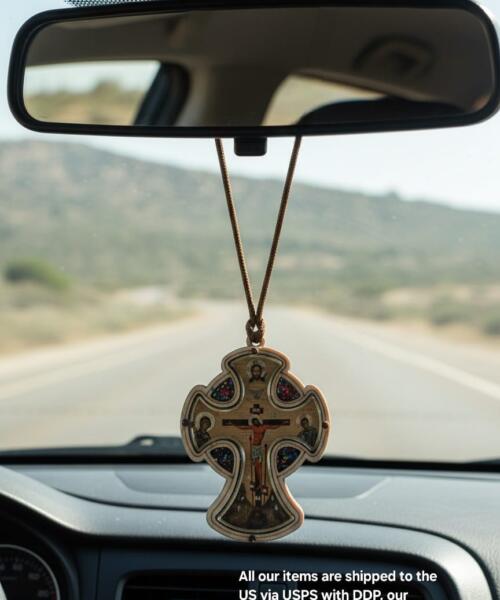 Christian Car Cross Ornament with PVC Icon Stickers • Rear View Mirror Hanging Cross Charm • Religious Car Accessories
