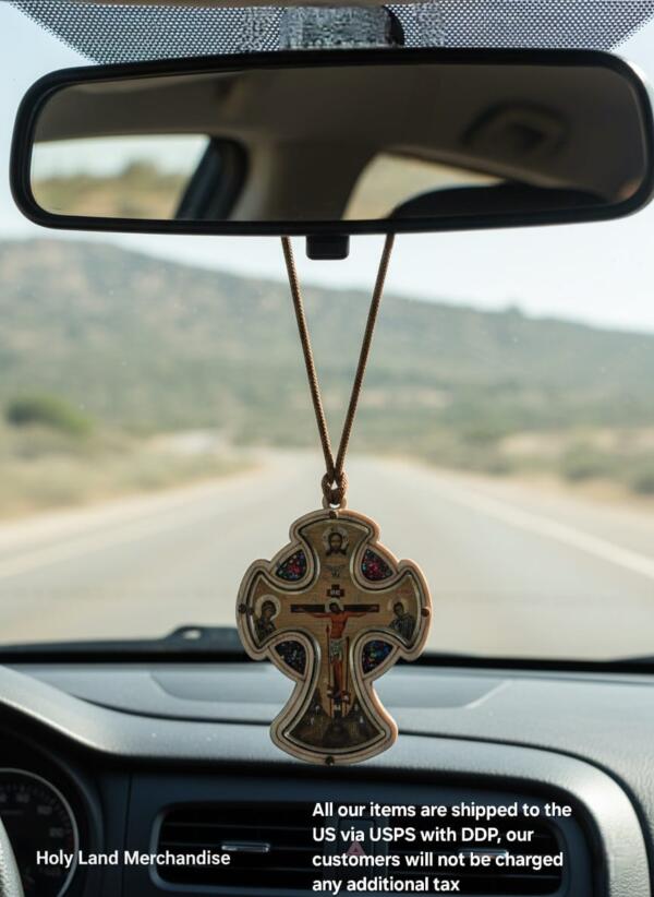 Christian Car Cross Ornament with PVC Icon Stickers • Rear View Mirror Hanging Cross Charm • Religious Car Accessories