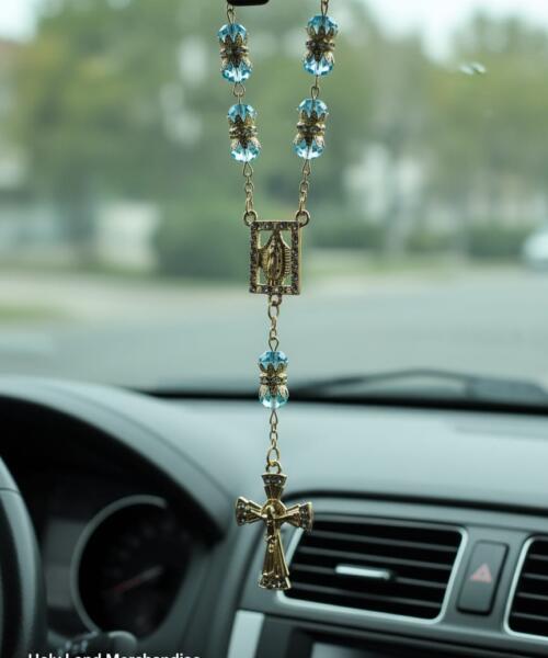 Blue Glass Rosary 8mm Beads • Car Mirror Hanging Cross Charm • Christian Accessories & New Car Gift