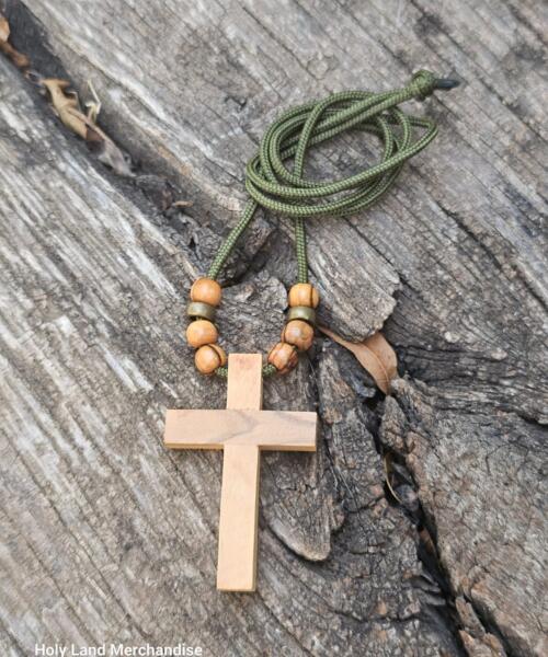 5cm Wooden Cross Pendant with Brass & Olive Beads • Handmade Holy Land Jewelry • Jesus Christ Cross Necklac