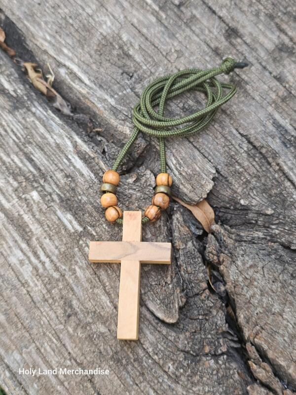 5cm Wooden Cross Pendant with Brass & Olive Beads • Handmade Holy Land Jewelry • Jesus Christ Cross Necklac