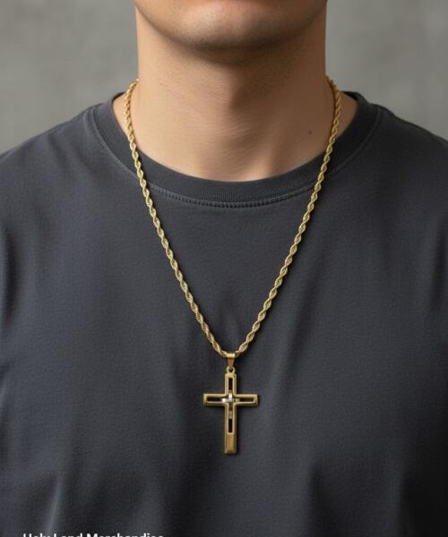 Men’s Stainless Steel Cross Necklace • 60cm Chain, 5cm Pendant • Gold & Silver Two-Tone Cross