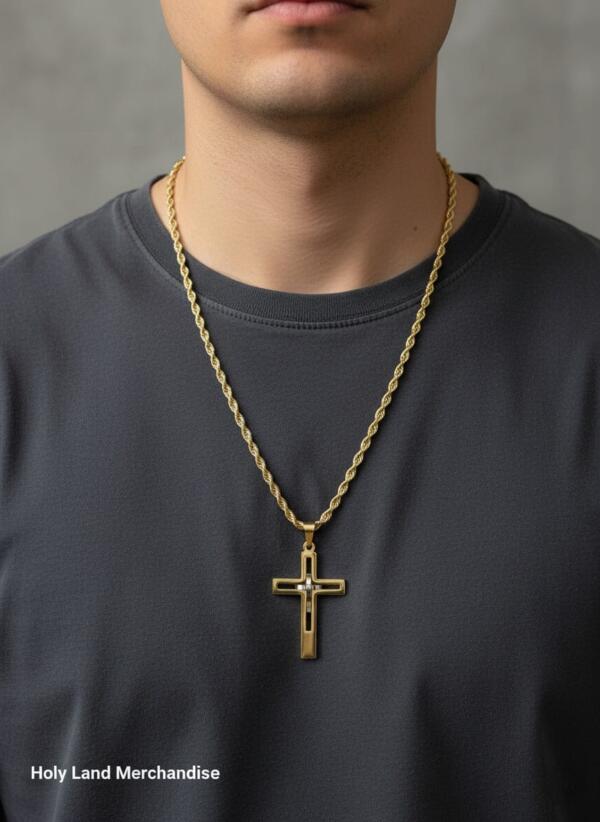 Men’s Stainless Steel Cross Necklace • 60cm Chain, 5cm Pendant • Gold & Silver Two-Tone Cross
