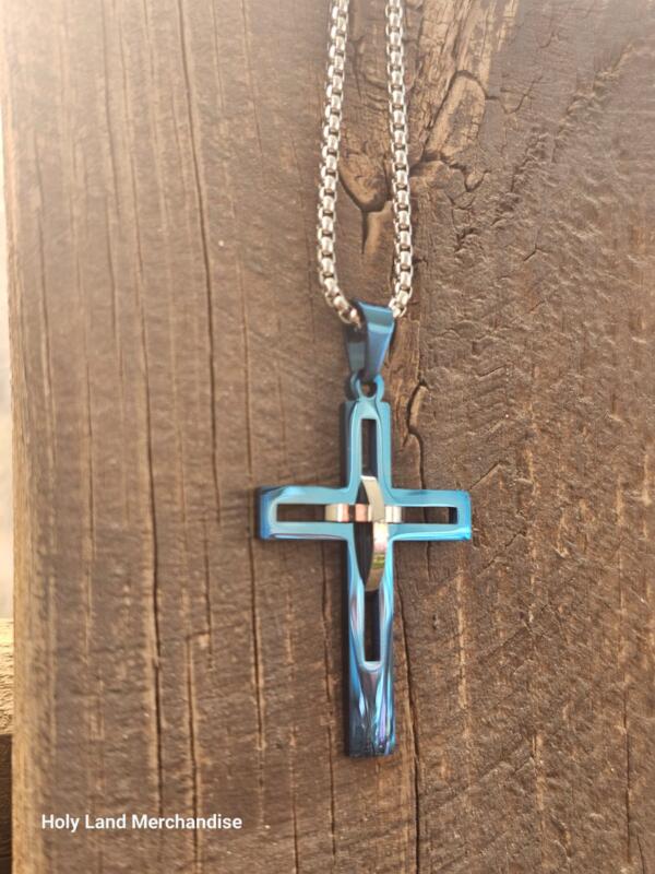 Men’s Stainless Steel Cross Necklace • Blue & Silver Cross Pendant • Christian Jewelry Gift for Him - Image 4