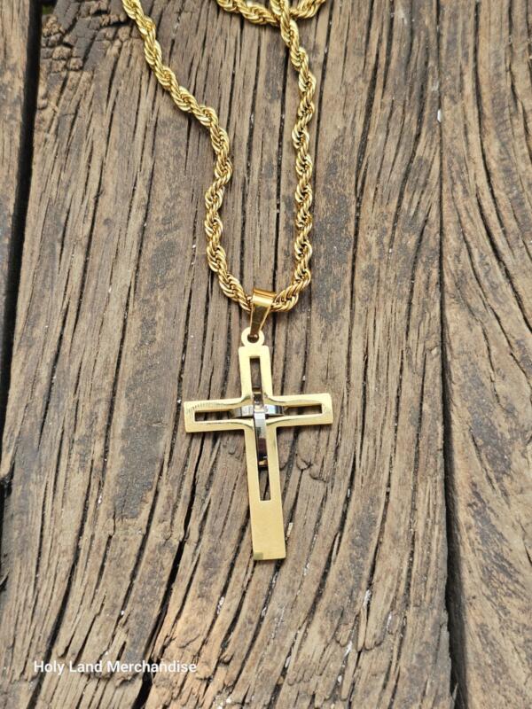 Men’s Stainless Steel Cross Necklace • 60cm Chain, 5cm Pendant • Gold & Silver Two-Tone Cross - Image 3