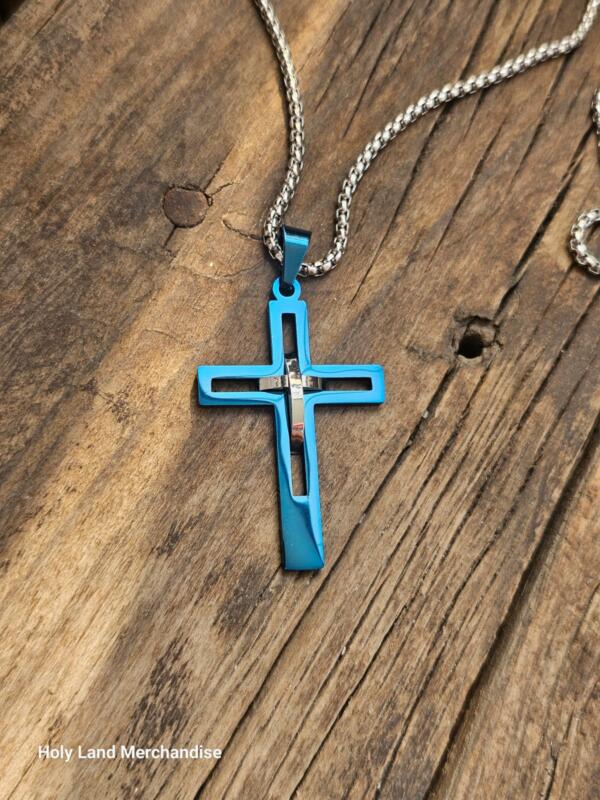 Men’s Stainless Steel Cross Necklace • Blue & Silver Cross Pendant • Christian Jewelry Gift for Him - Image 3