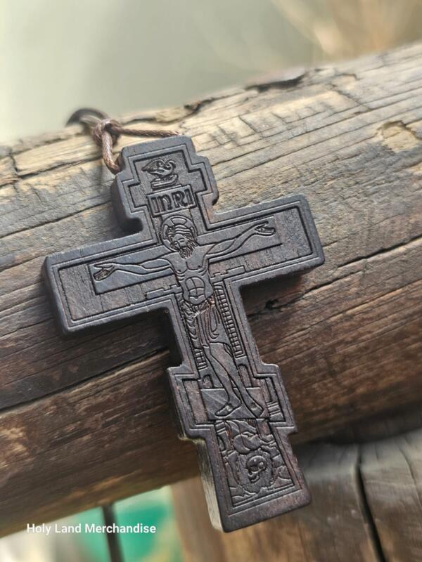 Handmade Wooden Orthodox Crucifix Necklace • Engraved INRI Cross Pendant