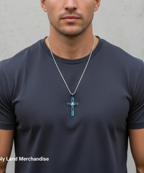 Men’s Stainless Steel Cross Necklace • Blue & Silver Cross Pendant • Christian Jewelry Gift for Him