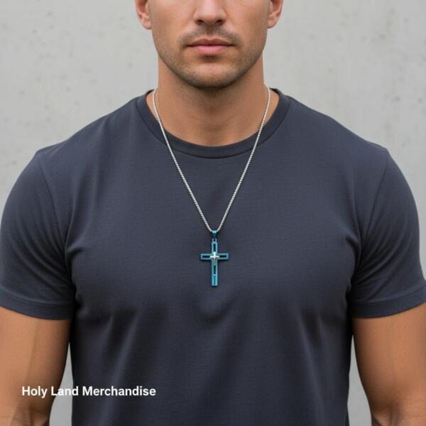Men’s Stainless Steel Cross Necklace • Blue & Silver Cross Pendant • Christian Jewelry Gift for Him