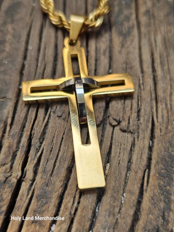 Men’s Stainless Steel Cross Necklace • 60cm Chain, 5cm Pendant • Gold & Silver Two-Tone Cross - Image 2