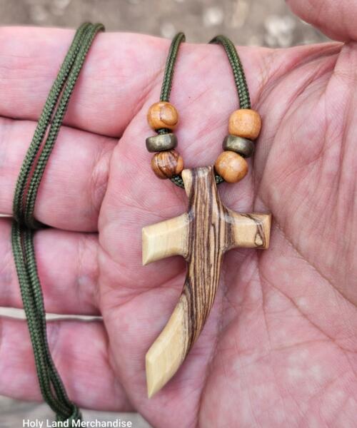 Personal Engraving 62cm Paracord with Olive Wood & Brass Beads · 5.5cm Holy Land Cross Pendant