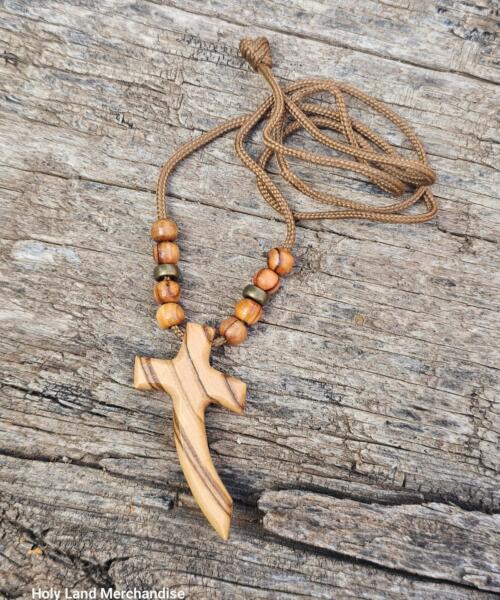 62cm Paracord with Olive Wood & Brass Beads · 5.5cm Holy Land Cross Pendant
