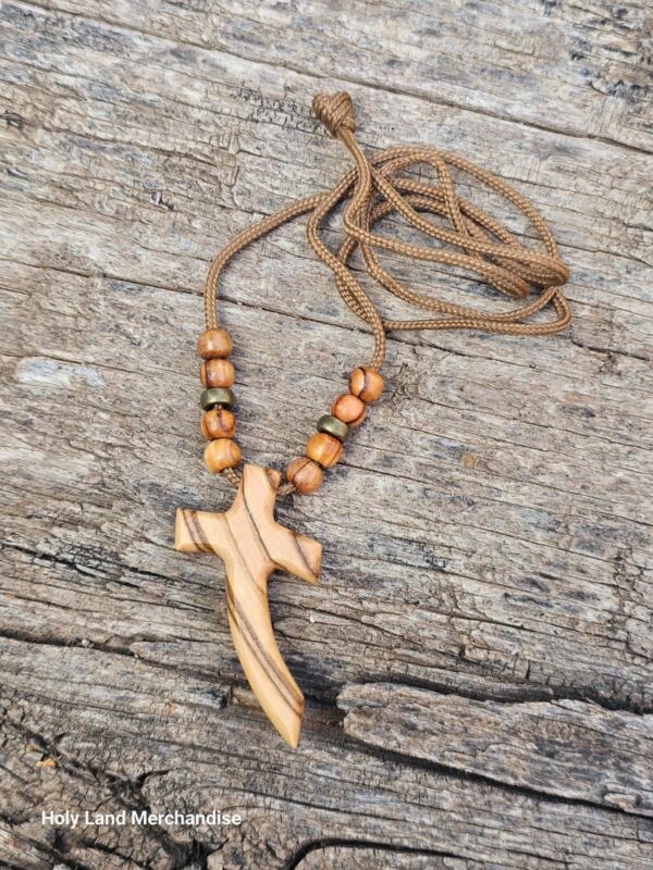 62cm Paracord with Olive Wood & Brass Beads · 5.5cm Holy Land Cross Pendant