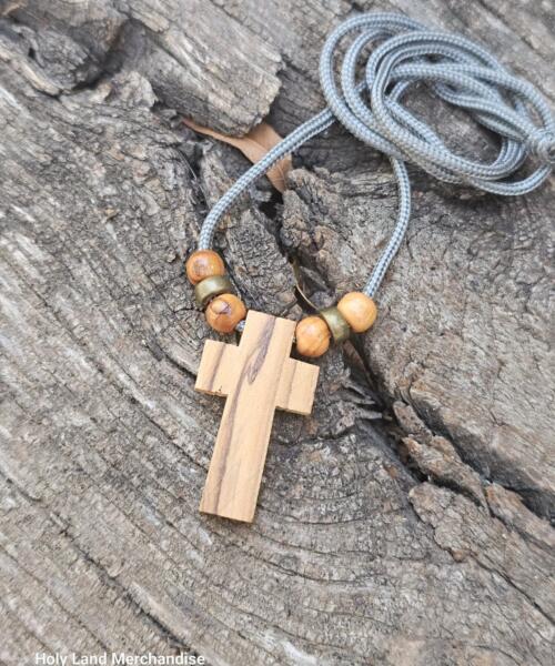 Small wood cross necklace - 62cm Paracord with Olive Wood & Brass Beads • Jesus Christ Cross • Cross Accessories