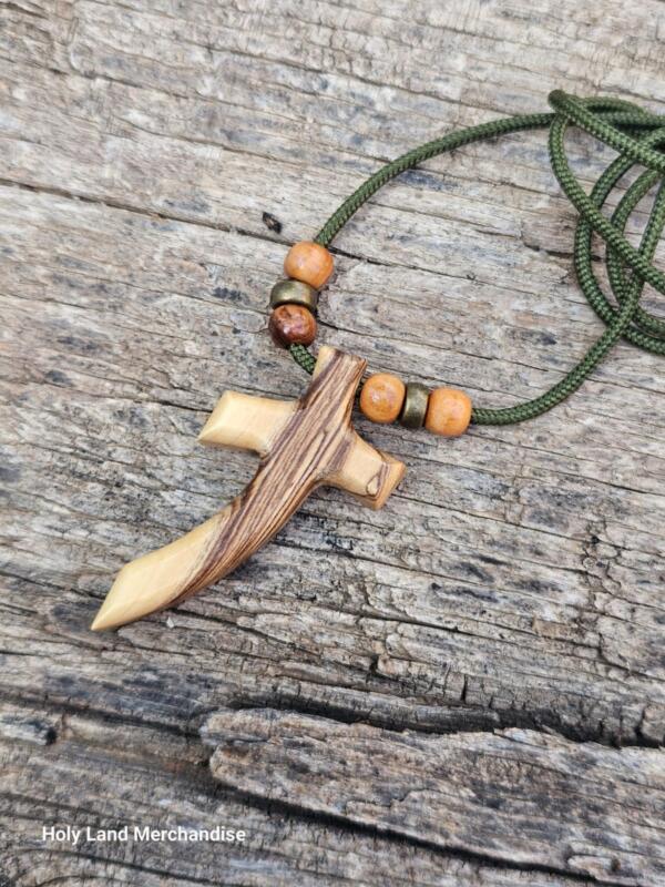 Personal Engraving 62cm Paracord with Olive Wood & Brass Beads · 5.5cm Holy Land Cross Pendant - Image 2