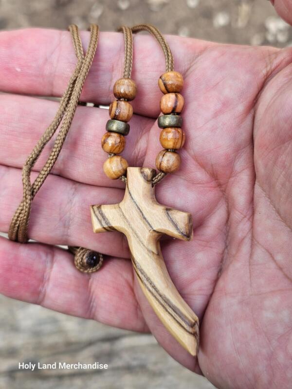 62cm Paracord with Olive Wood & Brass Beads · 5.5cm Holy Land Cross Pendant - Image 3