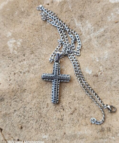 Personal engraved Stainless Steel Antique - Style Cross Necklace – 3.8cm Pendant on 50cm Chain | Men’s Christian Jewelry