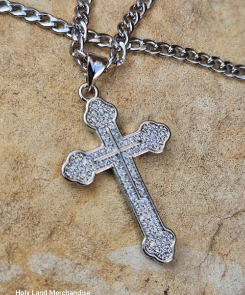 Platinum Plated Cross Necklace with Micro Pave CZ – 3.2cm Cross Pendant on 50cm Stainless Steel Chain