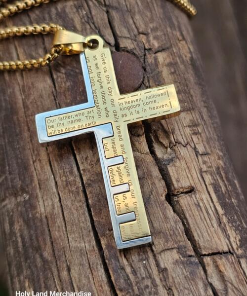 Lords Prayer Cross Necklace • 5.4cm Gold Stainless Steel Pendant • Christian Jewelry for Men & Women • Religious Gift • Bible Verse Necklace