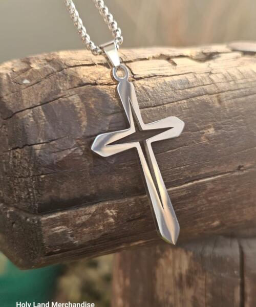 Stainless Steel Cross Necklace for Men – Modern Polished Cross Pendant with Cutout Design – 60cm Chain – Christian Gift