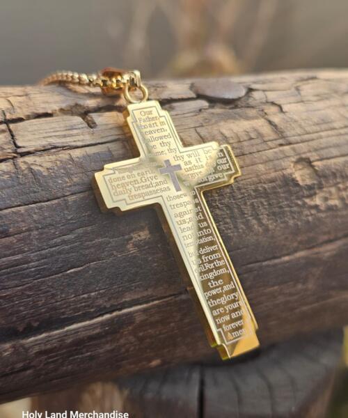 Men's gold cross necklace – 60cm Chain, 6cm Cross – Stainless Steel Faith Jewelry - Lord’s Prayer