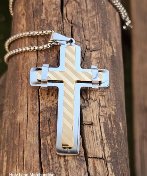 Stainless Steel Cross Pendant Necklace – Two Tone Gold & Silver | Box Chain | 5.8×3.6 cm Pendant