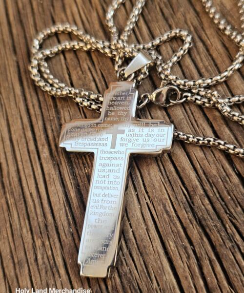 Stainless Steel Lord’s Prayer Cross Necklace – 59.8 cm Chain
