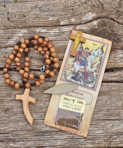 Personalized Olive Wood Rosary from Bethlehem – Comfortable & Durable Cross Necklace - packet of Holy Soil And an olive leaf from Jerusalem