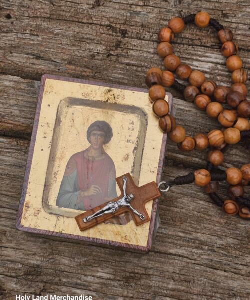 Holy Land Olive Wood Rosary & St. Panteleimon Icon Set