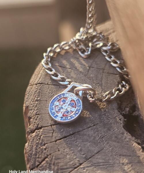 Saint Benedict Protection Medal Necklace – Silver Zamak with Blue Enamel (Mini 1cm Pendant) – Stainless Steel 50cm Chain