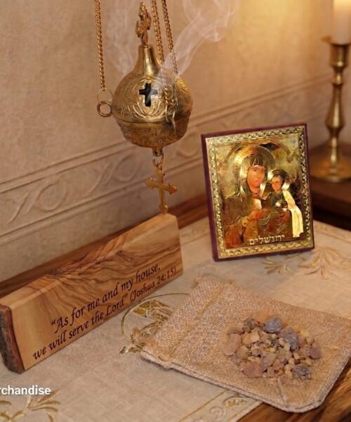 Personalized Holy Land Home Blessing | Bethlehem Olive Wood Plaque for Custom Verse, Brass Censer, Jerusalem Icon & Holy Sepulchre Incense