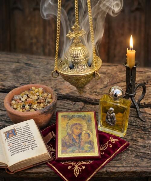 Deluxe Orthodox Hanging Censer Set – Cast Brass incense burner, Bethlehem Icon, Nard Anointing Oil & Holy Sepulchre Incense