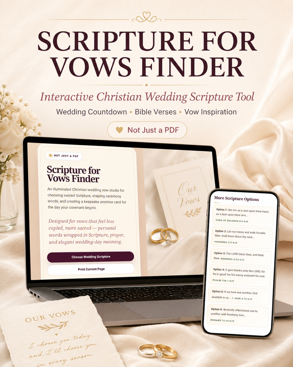 Christian Wedding Scripture Tool HTML, Wedding Vow Bible Verse Finder, Interactive Vow Helper, Ceremony Reading, Ring Exchange Prayer, Not PDF