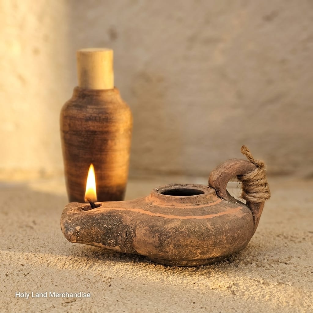 Clay Oil Lamp Jerusalem | Holy Land Gift Set | Qumran Cave Jar + Cana Galilee Olive Oil | Biblical Christian Gift Handmade - Image 2