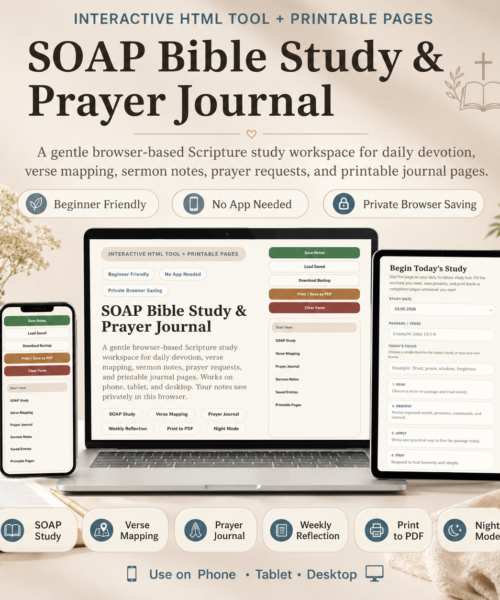 Interactive SOAP Bible Study Tool, Digital Prayer Journal HTML, Printable Bible Study Pages, Verse Mapping, Sermon Notes, Christian Journal